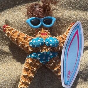 Handpainted Red Polka Dot Bikini Ornament by the Seashore. Coastal Christmas